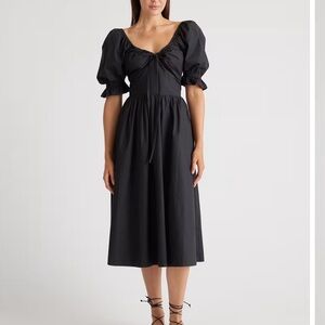 NWT Quince Organic Cotton Puff Sleeve Open Back Navy Midi Dress S